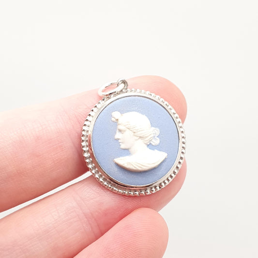 Vintage Sterling Silver Genuine Blue Wedgwood Necklace Pendant 1959 Authentic Josiah Wedgwood Lady Womens Ladies Jewelry Jewellery Retro