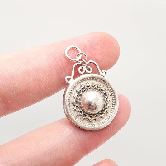 Antique Victorian Solid Silver Etruscan Charm Pendant Sweetheart Necklace Dome Engraved Genuine 1800s Womens Vintage Jewelry Jewellery