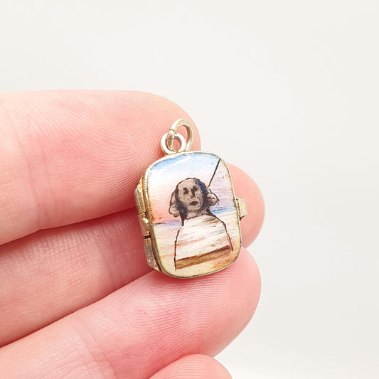 Antique Solid Silver Moses Basket Charm Pendant Locket Enamel Sphynx Egyptian Revival Necklace Art Deco 1900s Gold Vintage Jewelry Jewellery