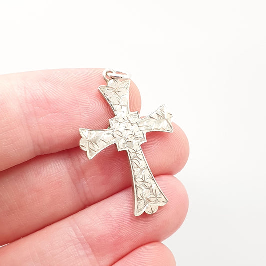Antique Victorian Sterling Silver Crucifix Necklace Pendant Pointed Budded Leaf Engraved Cross Catholic Christian Jewelry Vintage Womens