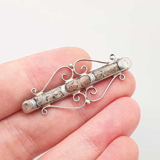Antique Sterling Silver Scottish Granite Brooch Adie Lovekin 1921 Hallmarked Pink Aberdeenshire Feldspar Scotland Vintage Womens Jewelry