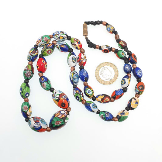 Antique Venetian Millefiori Glass Bead Necklace Murano Pebble Dash 1920s 51cm 20" Large Venice Hand Blown Vintage Italy Jewelry Jewellery