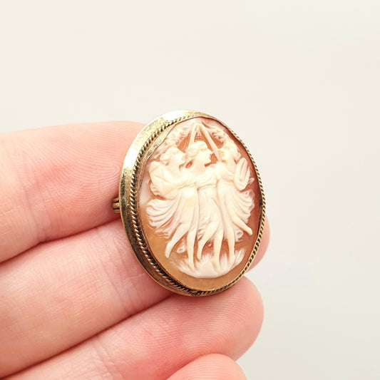 Antique Three Graces Cameo Brooch Gold Gilt Genuine Hand Carved Shell Small Vintage Italian Grand Tour Grace Retro Jewelry Jewellery