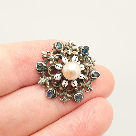 Antique Austro Hungarian Solid Silver Sapphire Brooch Victorian Cultured Pearl Genuine Real 1800s Gemstone Vintage Womens Jewelry Jewellery