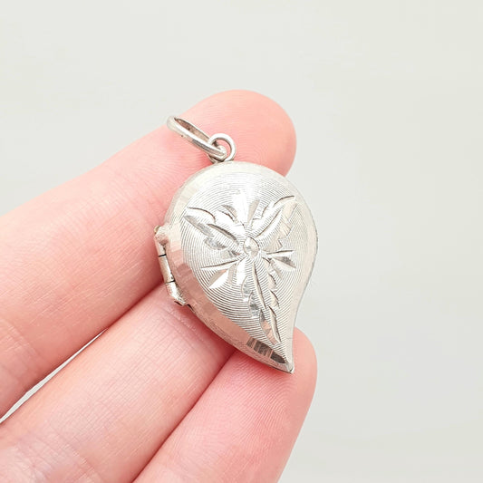 RESERVED/SOLD DON Vintage Solid Silver Locket Teardrop Water Drop Pendant Engraved Necklace Photo Picture Unique Rare Jewelry Womens Retro Jewellery Ladies
