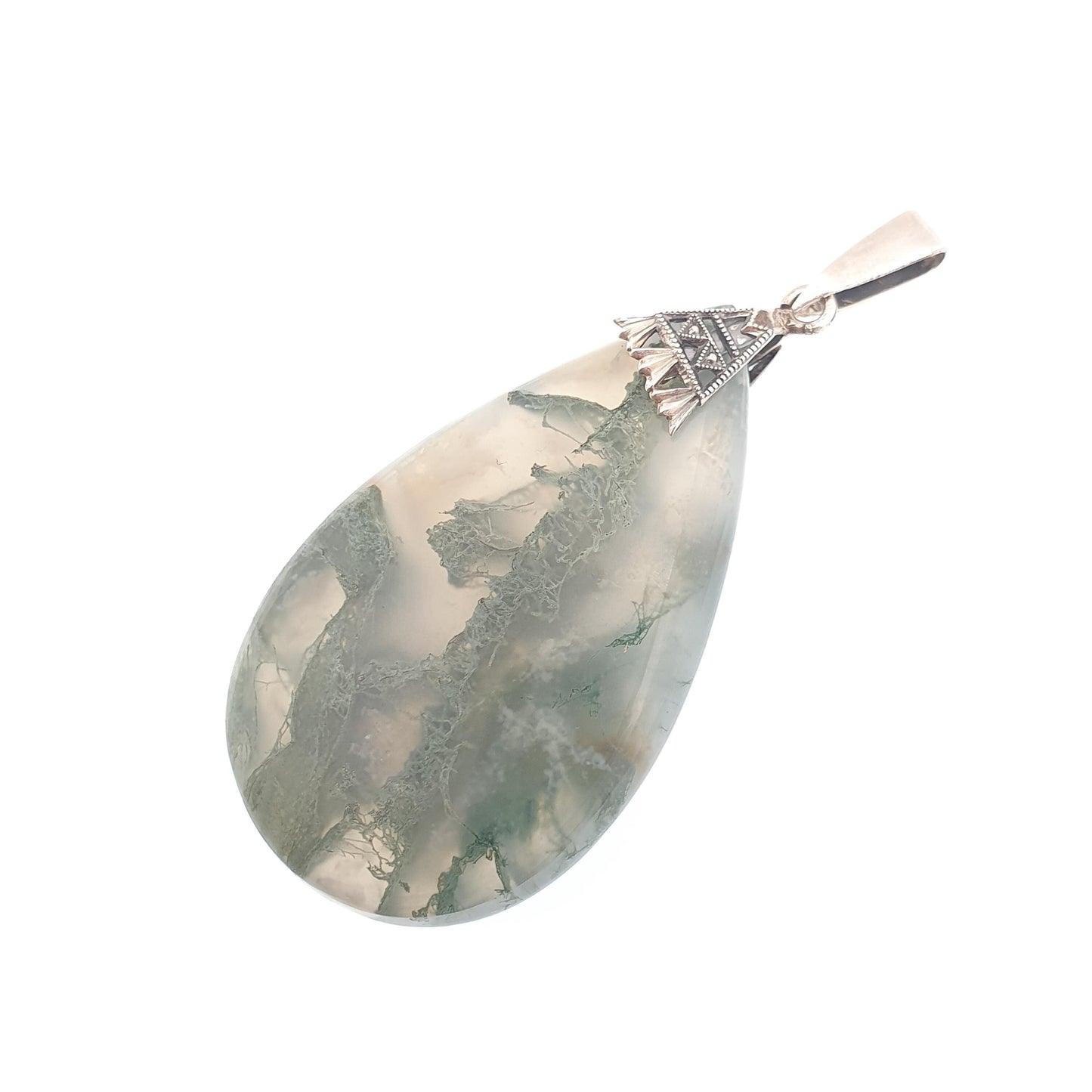 Antique Solid Silver Moss Agate Pendant Necklace Large Teardrop Art Deco Veined Quartz Striped Banded Vintage Womens Jewellery Jewelery