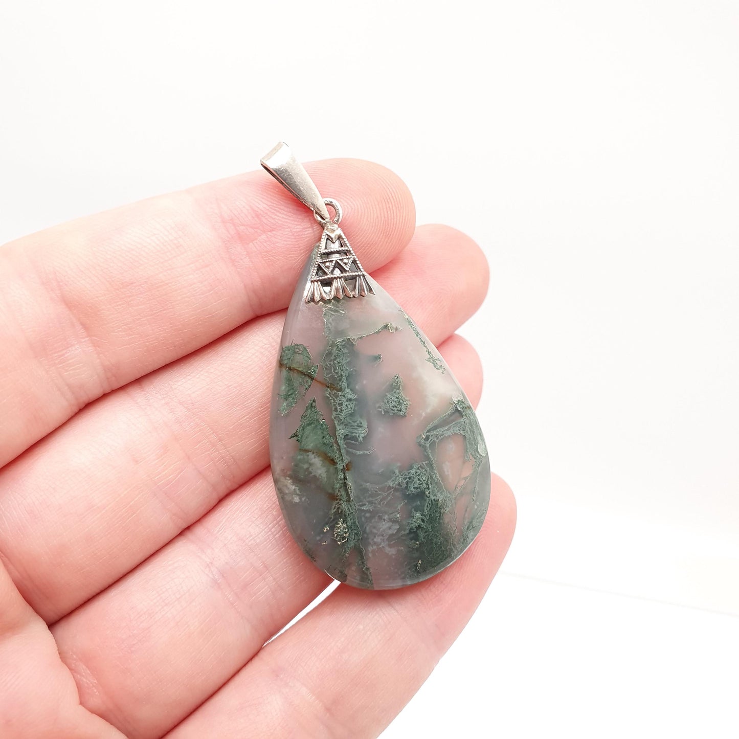 Antique Solid Silver Moss Agate Pendant Necklace Large Teardrop Art Deco Veined Quartz Striped Banded Vintage Womens Jewellery Jewelery