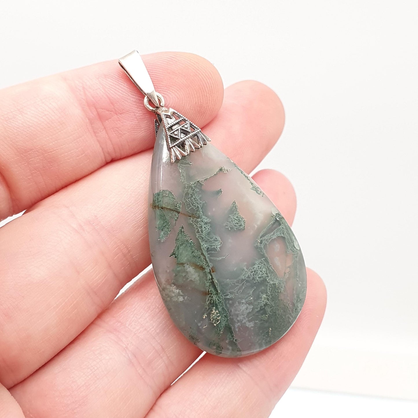 Antique Solid Silver Moss Agate Pendant Necklace Large Teardrop Art Deco Veined Quartz Striped Banded Vintage Womens Jewellery Jewelery