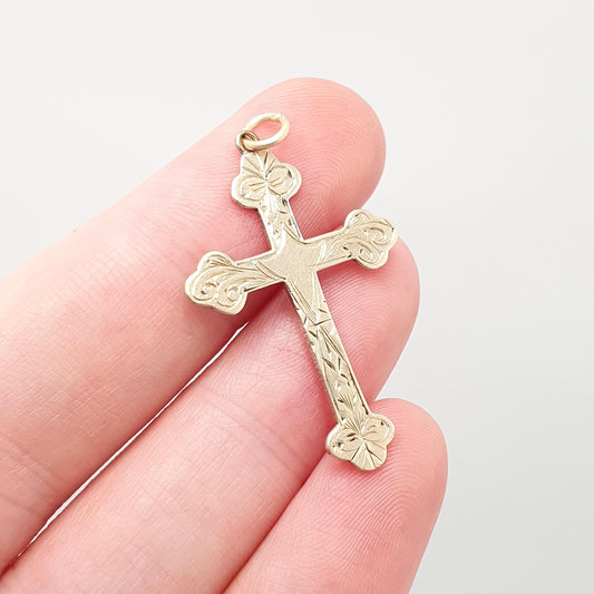 Antique 9ct Gold on Silver Crucifix Necklace Pendant Budded Cross Engraved Large Cross Catholic Christian Jewelry Vintage Mens Womens