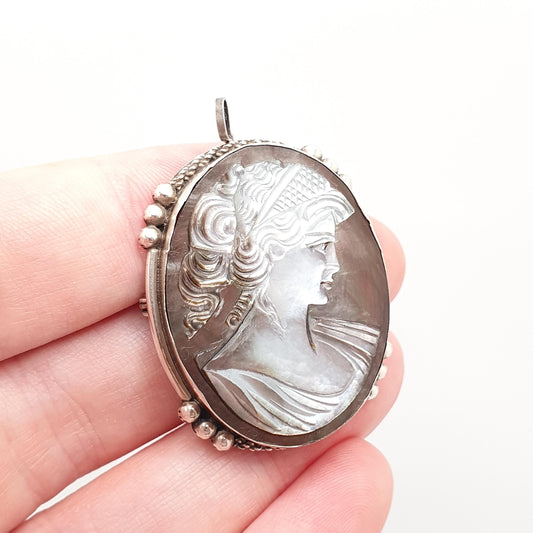 Vintage Solid Silver Cameo Necklace Pendant Abalone Shell Large Big Mother of Pearl Brooch Italian Handmade Womens European Jewelry
