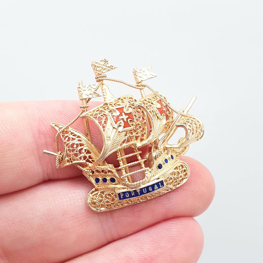 Vintage Solid Silver Galleon Ship Brooch Pin Portugal Portuguese Filigree Enamel Gold Gilt Handmade Boat Sailing Sail Jewelry Jewellery