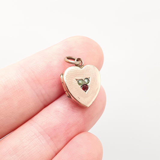 Antique 9ct 9k Gold Heart Locket Ruby Paste Seed Pearl Victorian Solid 375 Rose Pendant Back Front Small Photo Vintage Jewelry Jewellery
