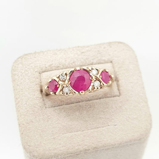Vintage 9k 9ct Gold Ruby & Diamond Ring Oval Cut Hallmarked Gypsy Solid 375 Fine Estate Red Gemstone Real Genuine Womens Jewelry Jewellery