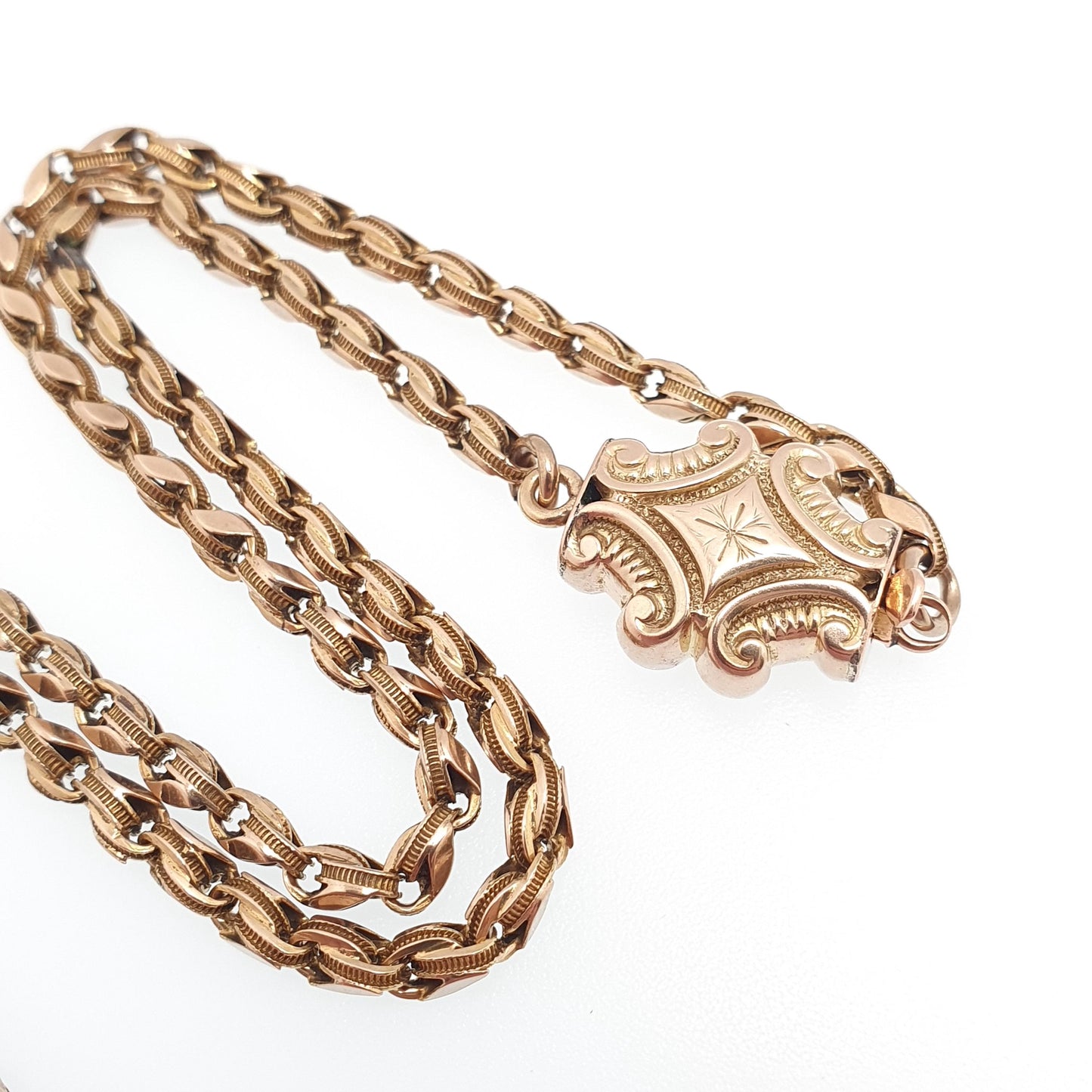 Antique 10k 10kt Rose Gold Fancy Chain Necklace Victorian Wheat Link Solid 416 45cm 17.7" 12.77g Ornate Clasp Vintage Fine Jewelry Jewellery