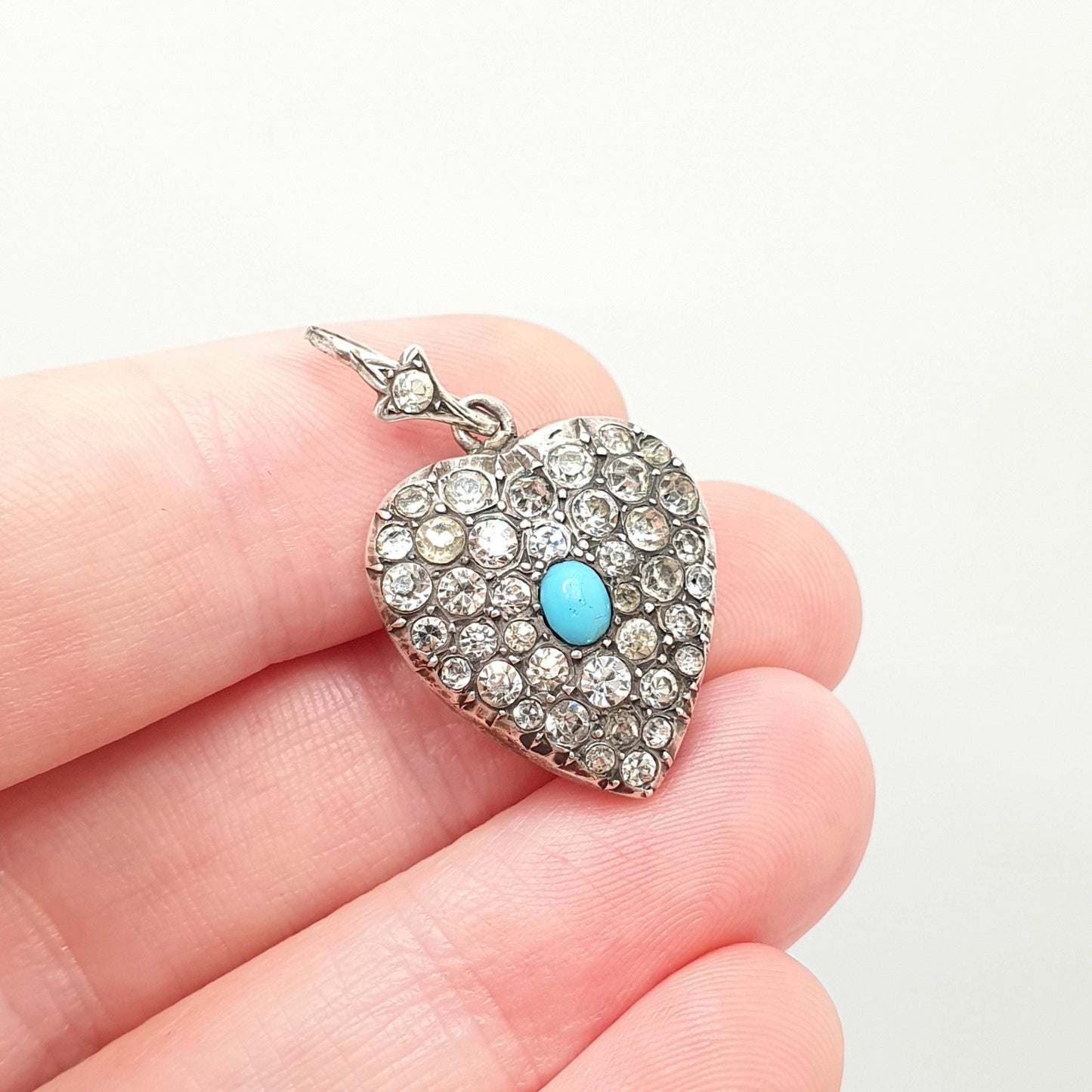 Antique Victorian Solid Silver Puffer Heart Pendant Turquoise Paste Pave Necklace Hallmark Love Gift Charm Sparkly Vintage Jewellery Jewelry