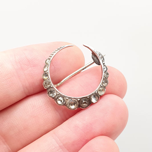 Antique Victorian Solid Silver Crescent Moon Diamond Paste Brooch Pin Cute Vintage 1800s Gift Unique Celestial Womens Jewelry Jewellery