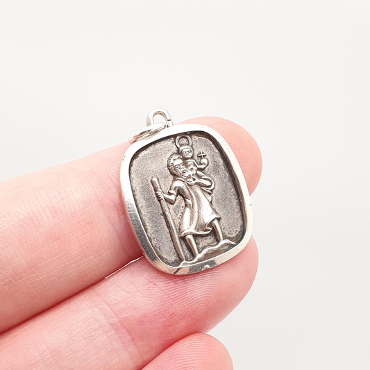 GEORG JENSEN Vintage Sterling Silver St Christopher Pendant Necklace Rectangular Square Hallmark Saint Travel Jewellery Jewelry Mens Womens