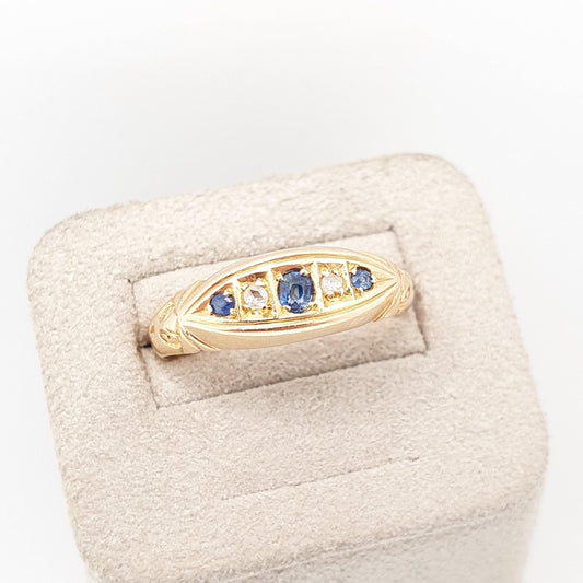 Antique Sapphire & Diamond Ring 18k 18ct Gold 750 Solid 1908 Hallmark Five Gemstone Blue Womens Edwardian Genuine Vintage Jewelry Jewellery