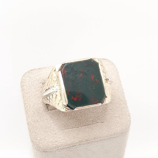 Old Vintage Bloodstone Solid Silver Signet Ring Mens Genuine Agate Gold Wash Gilt Chunky Square Rectangular Big Jewelry Retro Jewellery