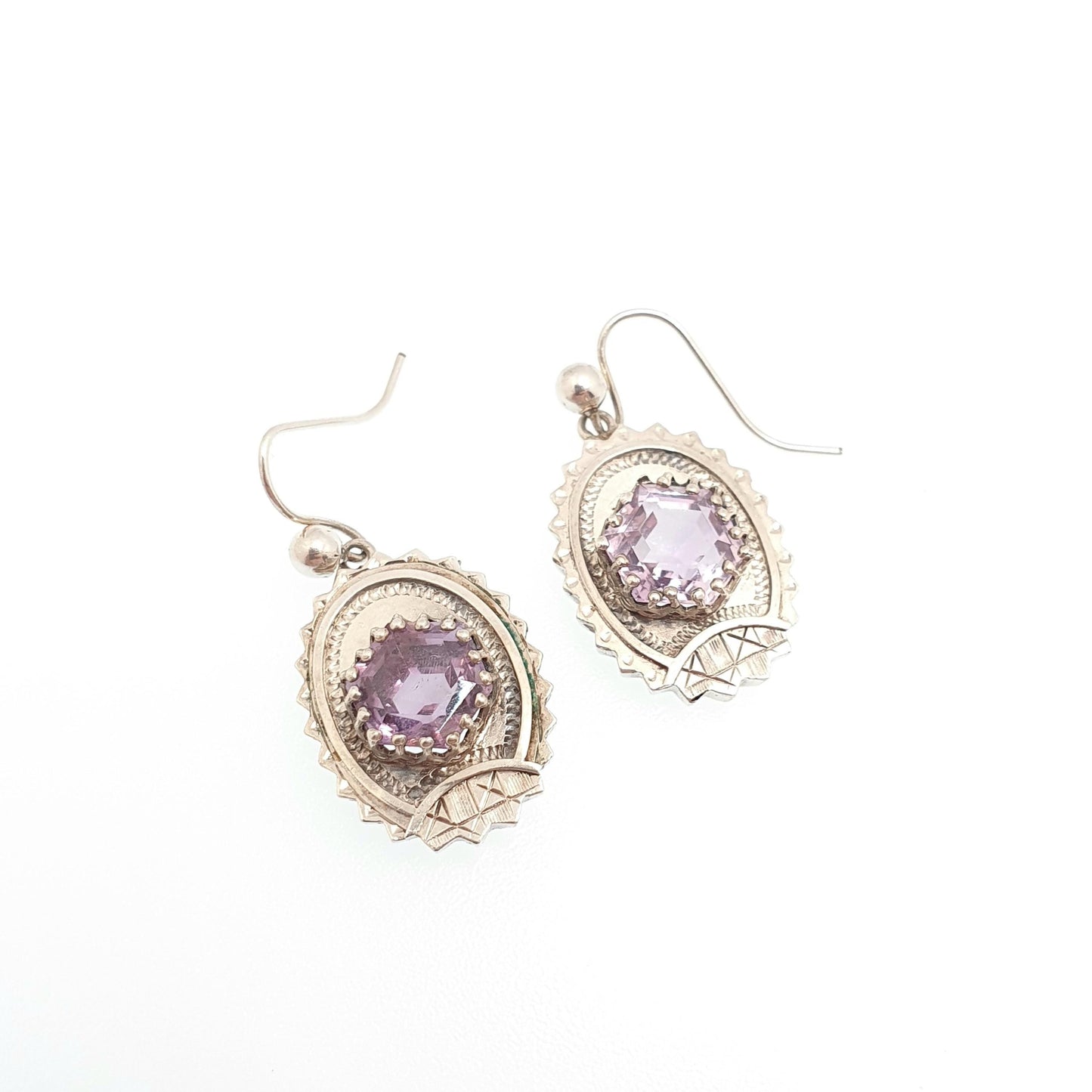 Antique Victorian Solid Silver Amethyst Earrings Engraved Hook Etruscan Hexagon Cut Genuine Estate Fine 1800s Hook Vintage Jewelry Jewellery