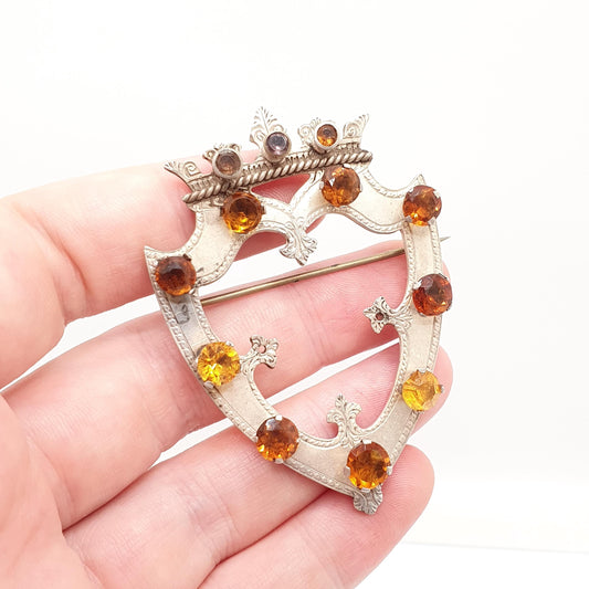 Antique Sterling Silver Luckenbooth Brooch Victorian Scottish Amethyst Citrine Paste 1876 Hallmark Heart Crown Shield Jewelry Jewellery