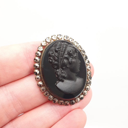 Antique French Jet Cameo Brooch Victorian Faux Marcasite Border Black Glass Large Big Vintage Costume 1800s Jewelry Womens Jewellery
