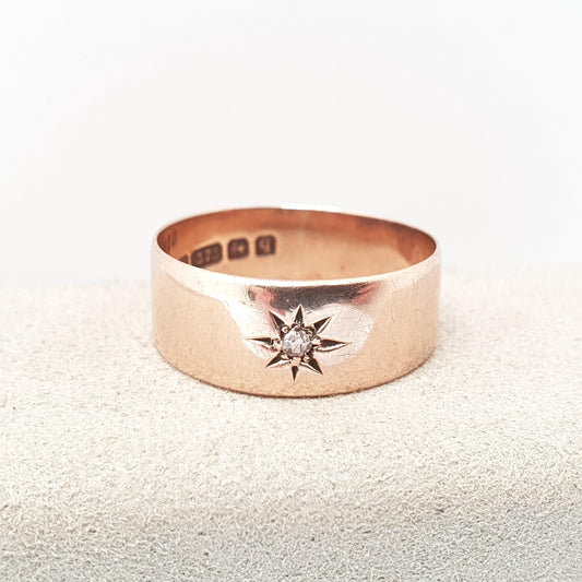 Antique 9ct Rose Gold Diamond Band Ring Wedding 1915 Hallmark Solid 9k 375 Wide Thick Gemstone Solitaire Mens Womens Vintage Jewelry