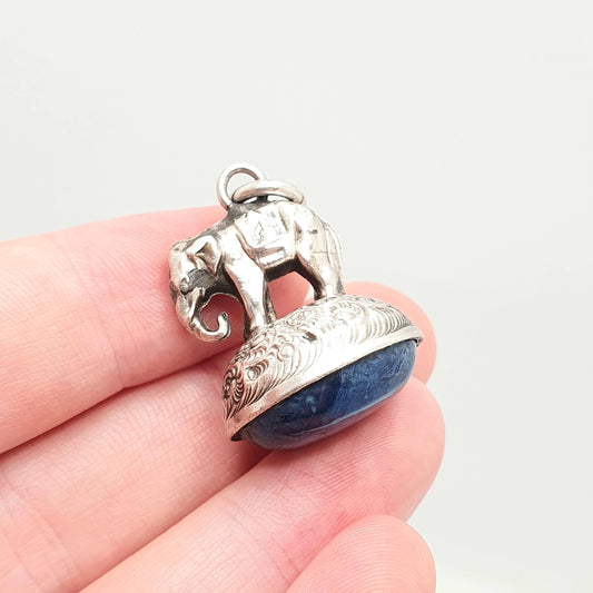 Antique Sterling Silver Elephant Fob Pendant Necklace Victorian 1896 Sodalite Gemstone Rare Animal Vintage Womans Jewellery Jewelry