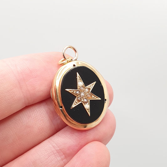 Antique 18ct Gold Star Pendant Necklace Onyx Seed Pearl Starburst Victorian Solid 18ct 750 Black Gemstone 1800s Vintage Jewelry Jewellery