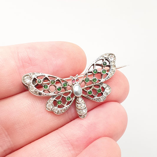 Antique Emerald Paste Butterfly Brooch Sterling Silver Ruby Pastes Eye Large Insect Bug Rare Handmade Unique 935 Vintage Jewellery Jewelry