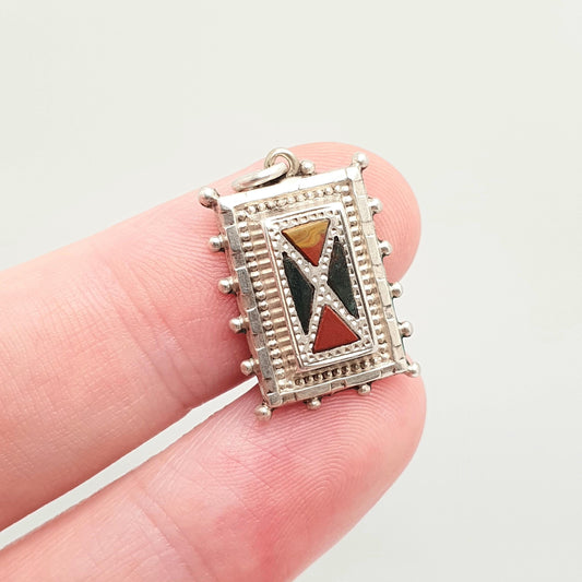 Antique Victorian Sterling Silver Scottish Pendant Necklace Bloodstone Agate Red Jasper Rectangular Cross 1800s Vintage Jewelry Jewellery