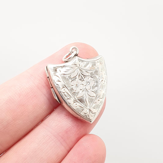 Antique Sterling Silver Shield Locket Necklace 1908 Pendant Hallmarked Engraved Edwardian Crest Vintage Pendant Jewelry Jewellery