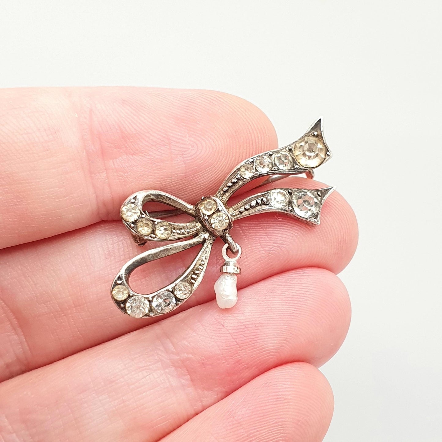 Antique Diamond Paste Solid Silver Bow Brooch Freshwater Pearl Pin Ribbon Cute Hallmarked Gift 835 Womens Jewelry Jewellery Vintage