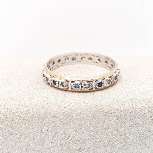 Vintage 9ct Gold Eternity Ring Blue White Spinel Heart Shape Full Real Genuine Gemstone Solid 9k 375 Hallmarked Womens Jewelry Jewellery