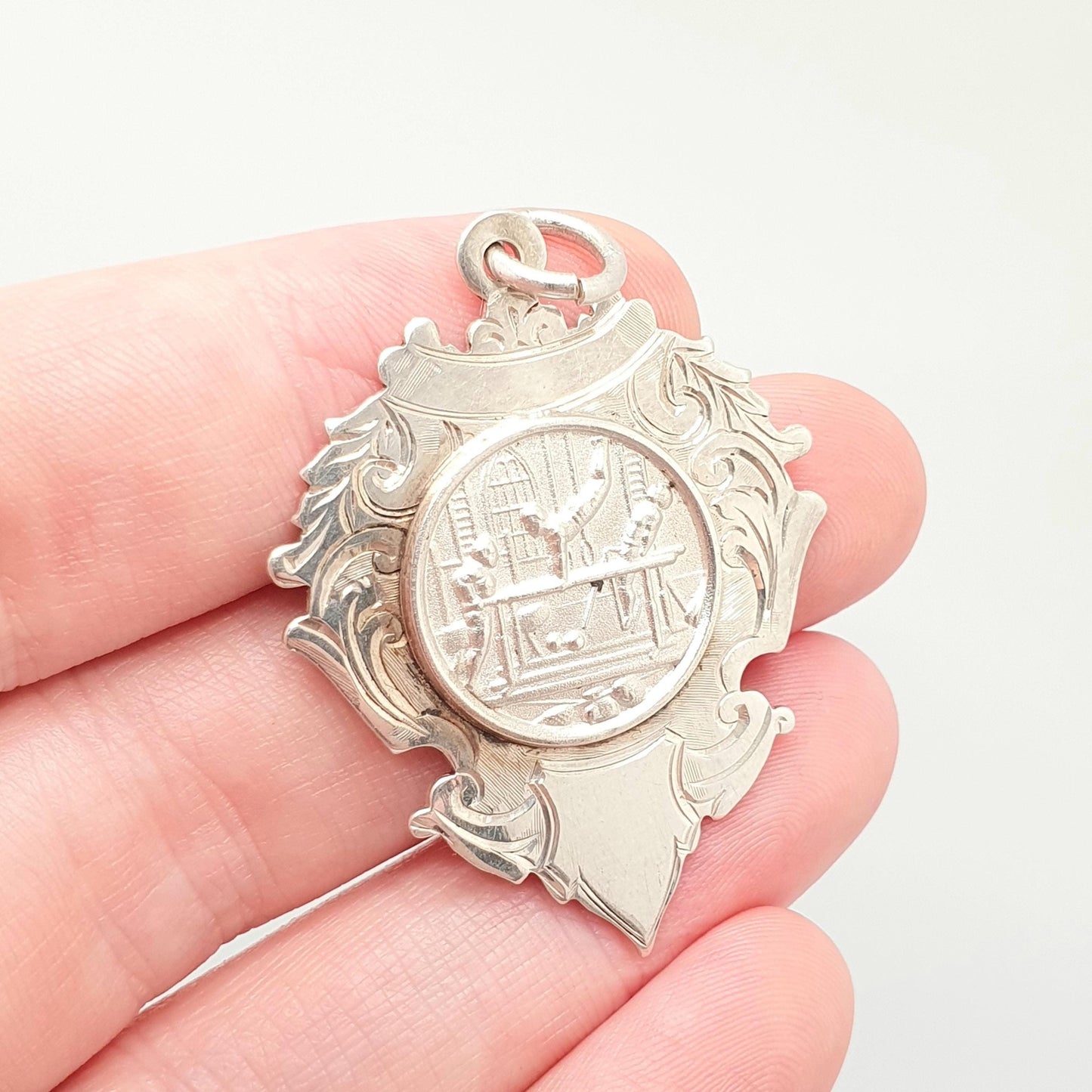 Old Vintage Sterling Silver Fob Pendant Gymnastics Gym Albert Shield Shape Vintage Necklace 1934 Pocket Watch Womens Mens Jewelry Jewellery