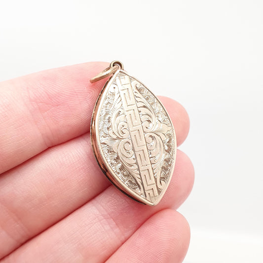 Antique Victorian 9ct 9k Gold Locket Pendant Greek Key Engraved Necklace Ellipse Eye Shape Solid 375 Back & Front Vintage Jewelry Jewellery