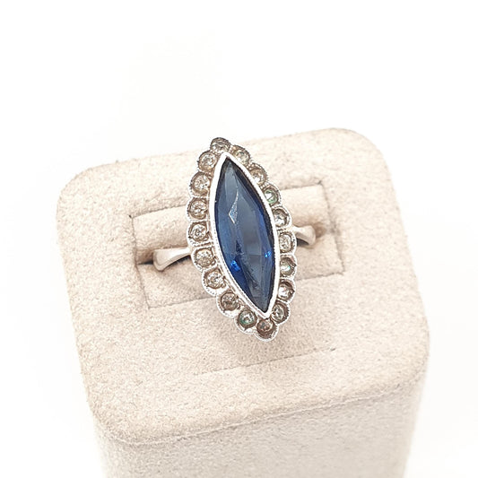 Antique Art Deco Sapphire Paste Solid Silver Ring Diamond Pastes Cluster Marquise Cut 1920s Vintage Womens Jewelry Vintage Jewellery