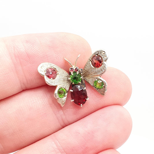 Antique Solid Silver Butterfly Brooch Victorian Pin Garnet Peridot Paste Spring Mechanism Fly Bug Insect Pincer Womens Jewelry Jewellery