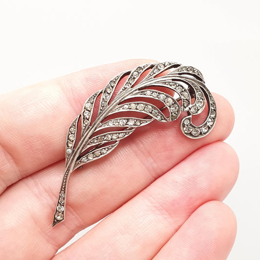 Antique Diamond Paste Fern Sterling Silver Brooch Pin Art Deco Solid 935 Fine Estate Leaf Spray Sparkly Retro Womens Jewelry Jewellery