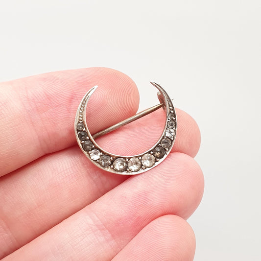 Antique Victorian Sterling Silver Crescent Moon Diamond Paste Brooch Pin Cute Vintage 1800s Gift Unique Celestial Womens Jewelry Jewellery