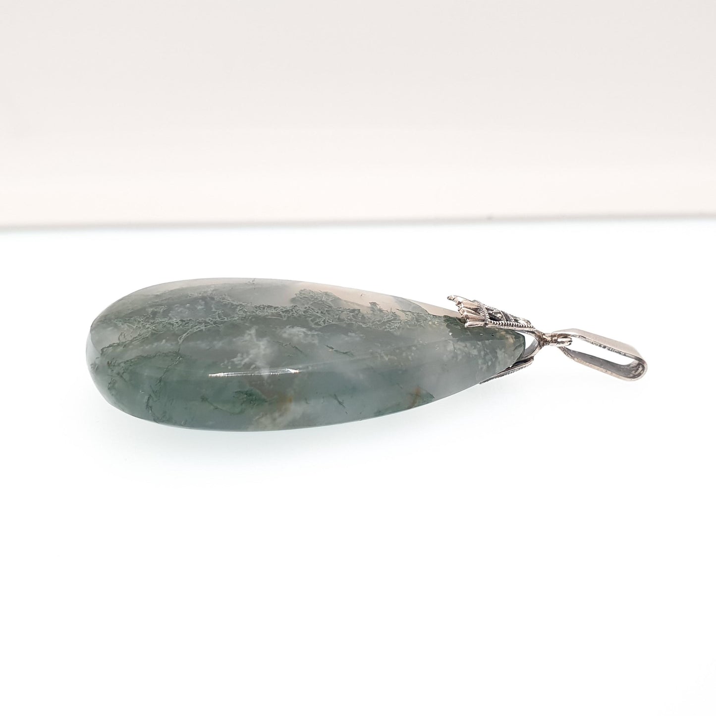 Antique Solid Silver Moss Agate Pendant Necklace Large Teardrop Art Deco Veined Quartz Striped Banded Vintage Womens Jewellery Jewelery