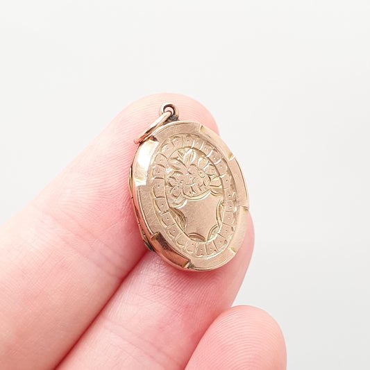 Antique 9ct Rose Gold Locket Large Oval Solid 9k 375 Engraved Small Cute Pendant Love Gift Back & Front Necklace Jewelry Womens Jewellery