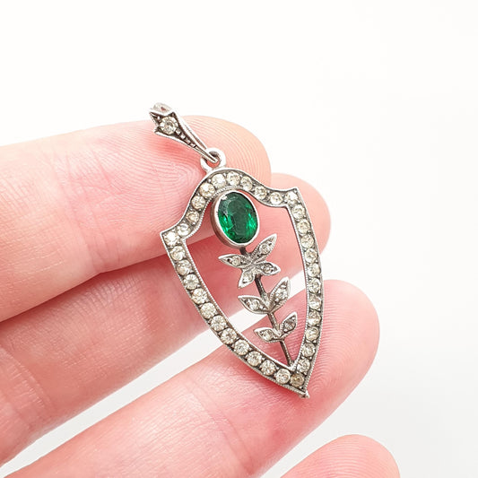 Antique Solid Silver Diamond Emerald Paste Necklace Shield Pendant Victorian Art Nouveau  Ornate Sparkly Womens Ladies Jewellery Jewelry