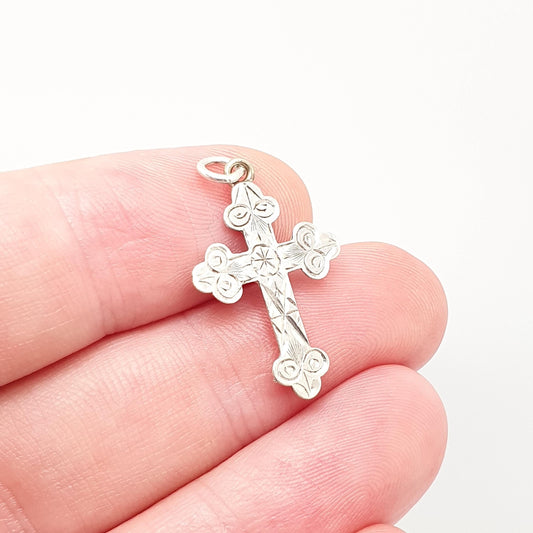 Antique Victorian Sterling Silver Crucifix Necklace Pendant Small Engraved Tiny Cross Charm Christian Jewelry Vintage Womens Jewellery
