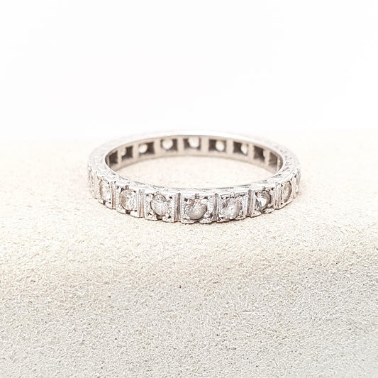 Antique Solid Silver Eternity Ring White Spinel Gemstones 1920s Full Round Cut Art Deco Engraved Vintage Ladies Womens Jewelry Jewellery