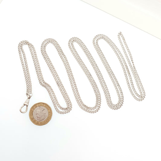 Antique Victorian Muff Chain Solid Silver Necklace Dog Clip 144cm 56.6" 25.90g Curb Link Very Long Guard Solid 925 Vintage Womens Jewelry