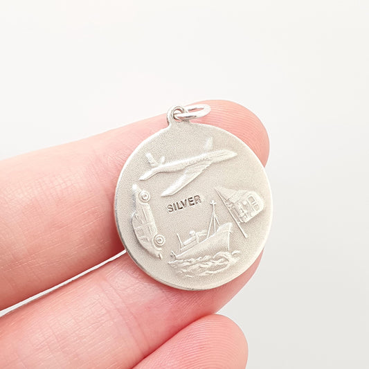 Vintage Sterling Silver St Christopher Pendant Necklace Car Plane Train Boat Double Sided Necklace Saint Retro Travel Jewellery Jewelry