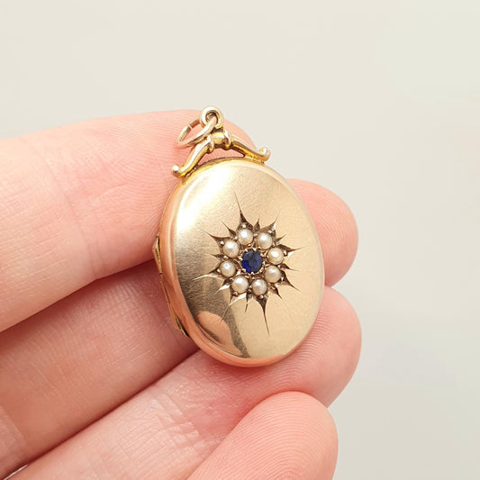 Antique 9ct Rose Gold Seed Pearl Locket Sapphire Paste Pendant Necklace Star Solid 9k 375 1910 Hallmark Vintage Womens Jewellery Jewelry