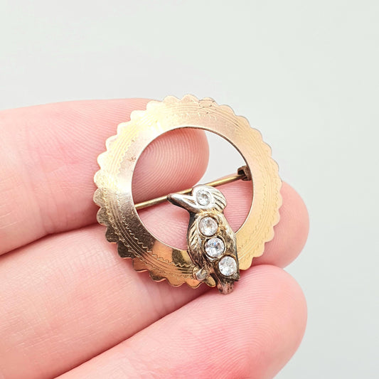 Antique 9ct Gold Front Bird Brooch Pin Diamond Paste Bonded Rolled Gold Filled Sweetheart Cute Wreath Vintage Womens Jewelry Jewellery