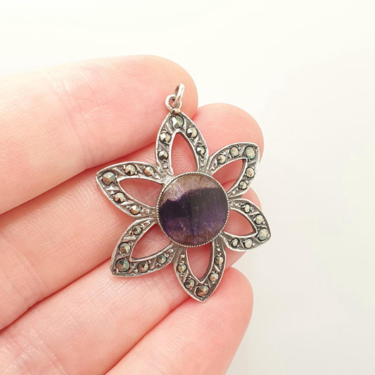 Antique Sterling Silver Blue John Necklace Pendant Star Flower Art Deco Marcasite Bleu Jaune Womens Mens Rare Gemstone Vintage Retro Jewelry